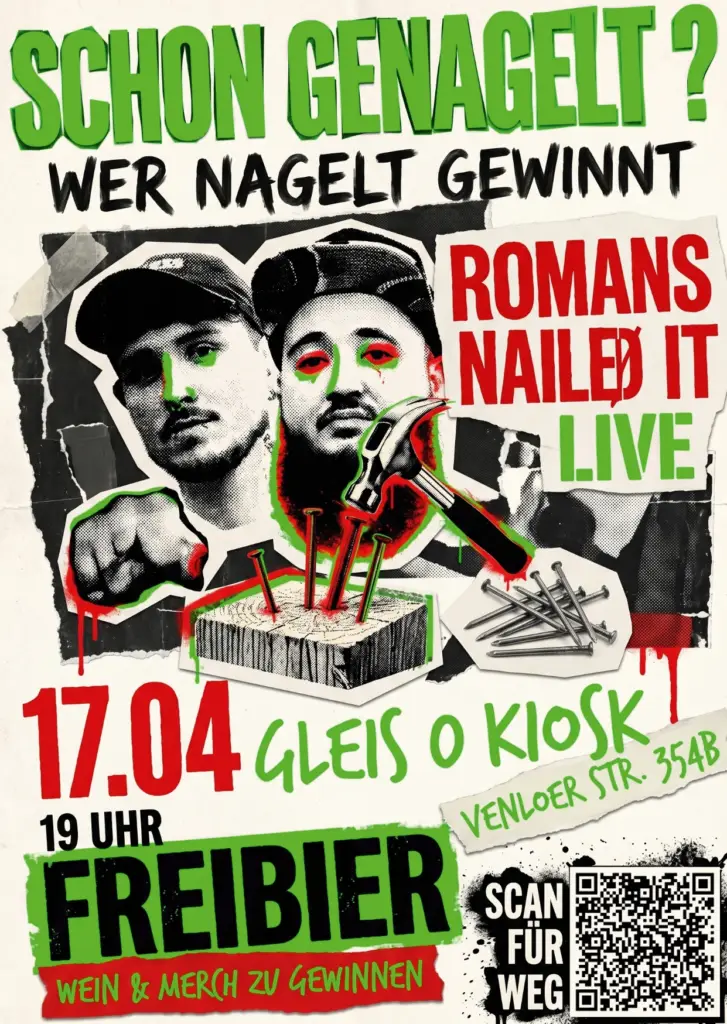 Romans Nailed It Konzert Flyer Köln Gleis 0 Kiosk – Akustik Punk Duo live mit Freibier und Merch Gewinnspiel